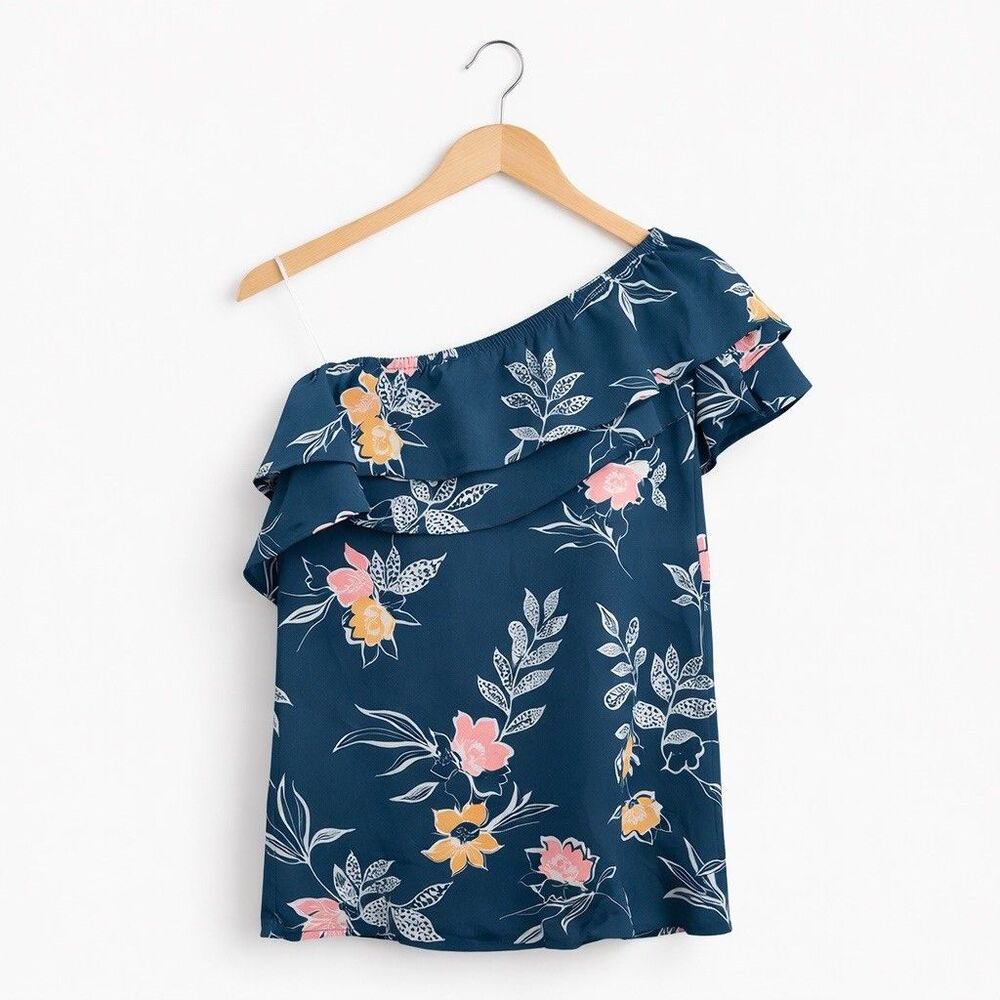 APT. 9 Floral One Shoulder Blouse XL Blue Ruffle Off Shoulder Top Boho